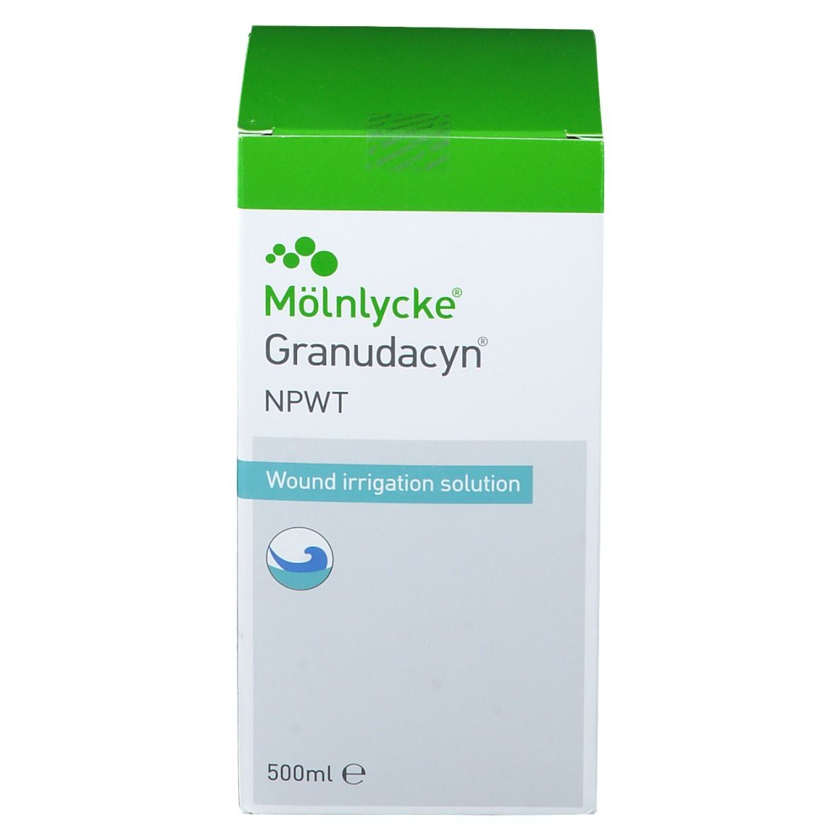 Boîte Mölnlycke Granudacyn NPWT. Emballage vert et blanc avec nom du produit et logo vague. 500ml.