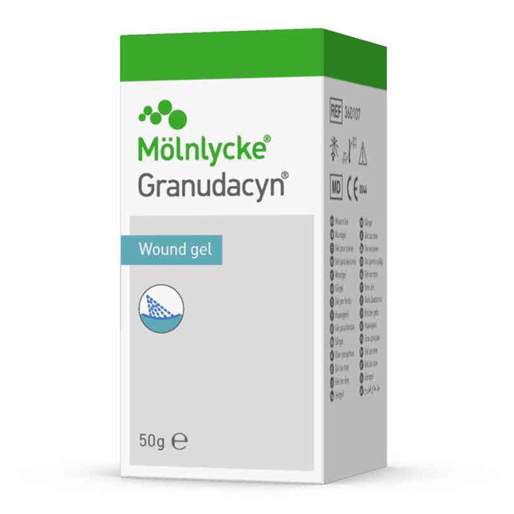 Boîte de gel pour plaies Granudacyn. Emballage vert et blanc. Inscription : Wundgel, 50g.