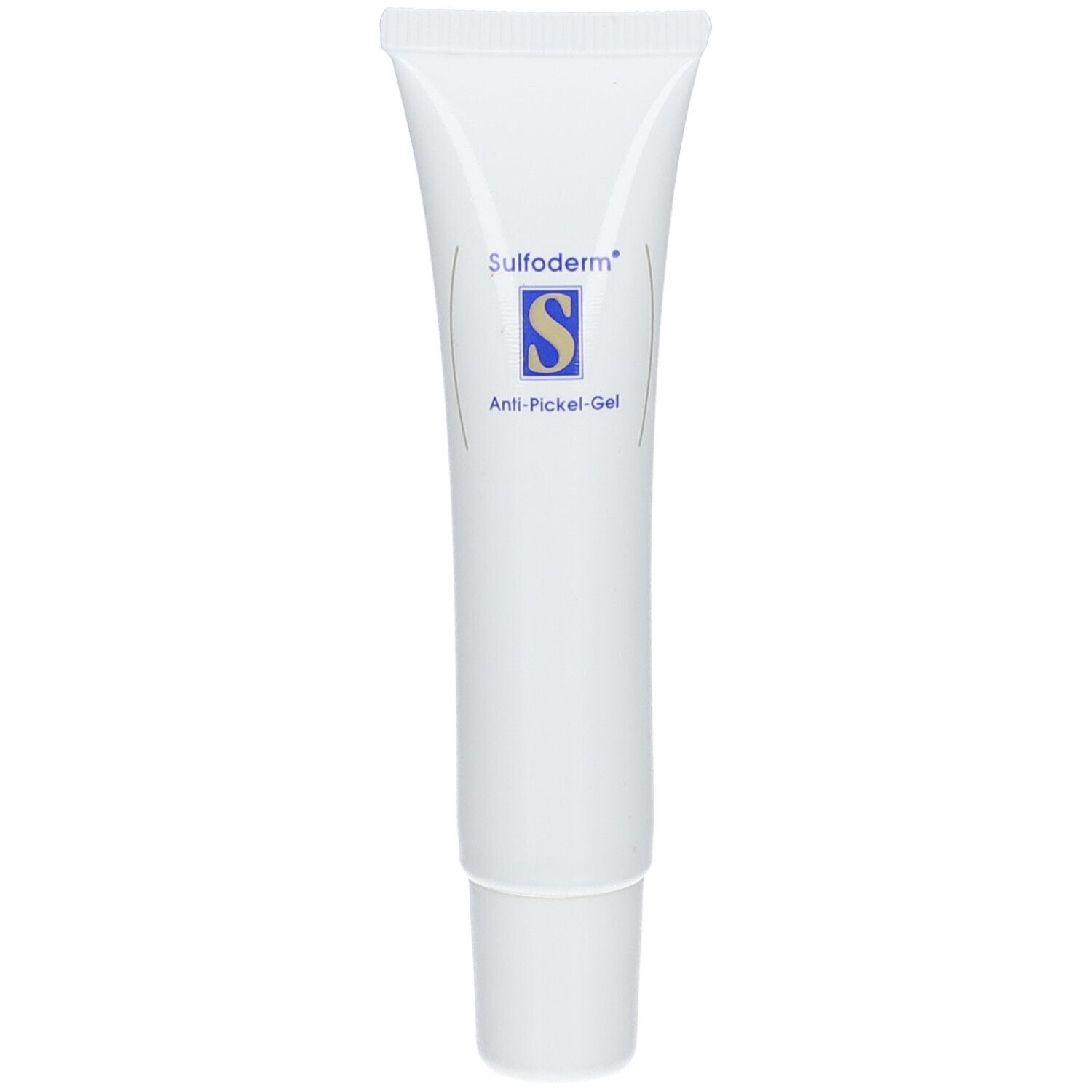 Tube blanche de Sulfoderm® Anti-Pickel-Gel. Logo 'S' bleu.