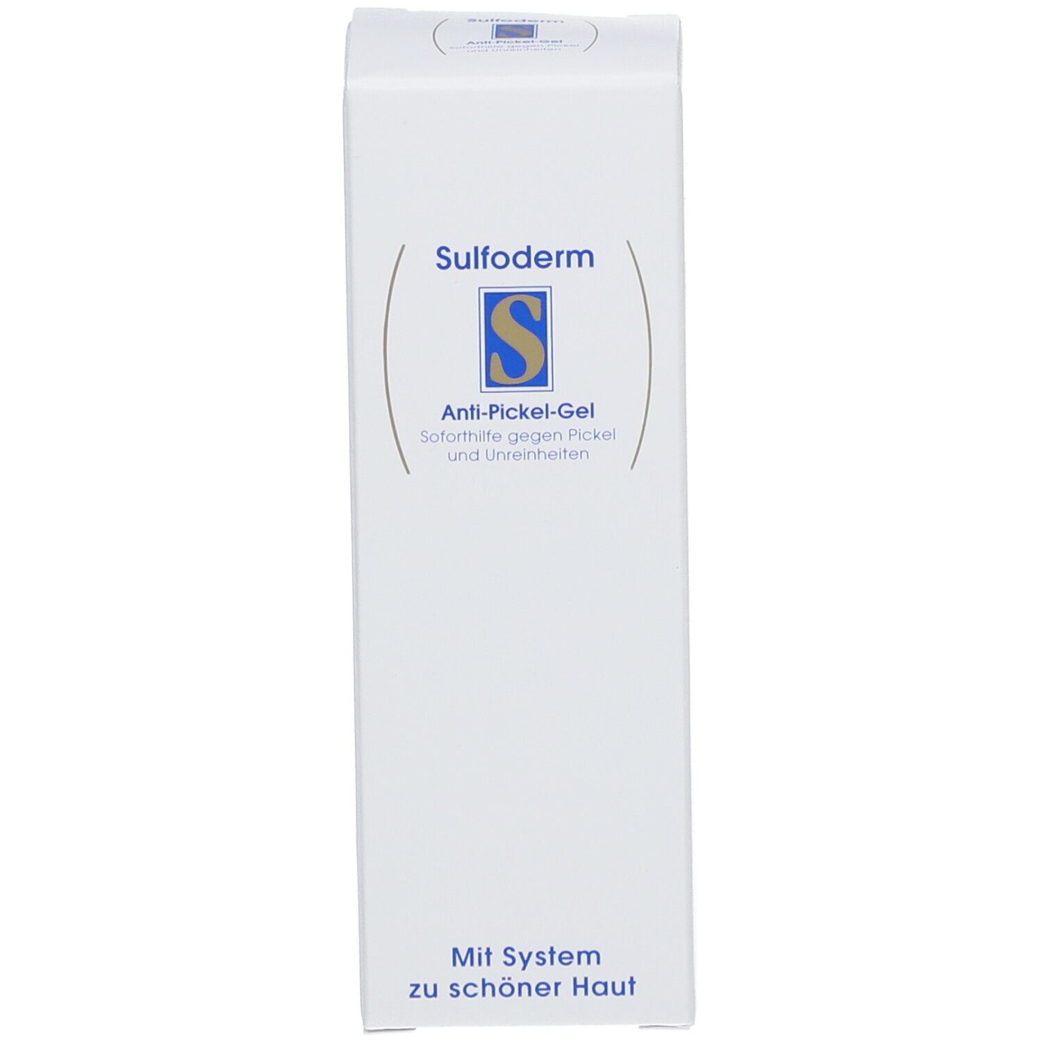 Boîte blanche de Sulfoderm® Anti-Pickel-Gel. Logo et nom du produit.