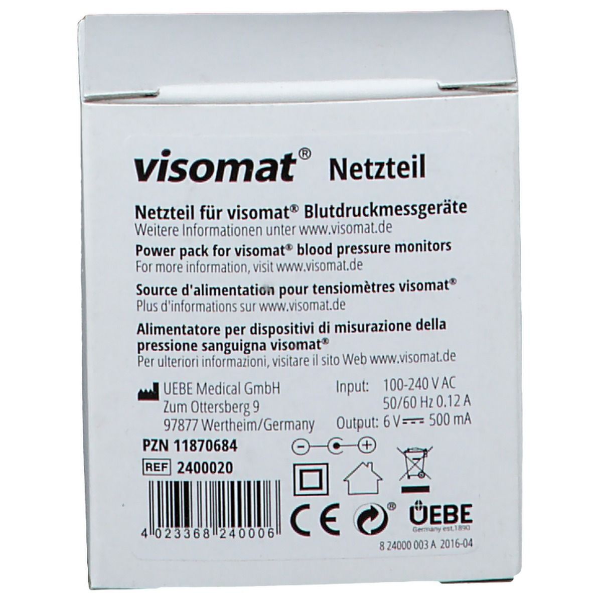 Emballage blanc avec informations produit. "visomat® Netzteil" en haut. Texte en allemand, anglais, français et italien. Marque CE.