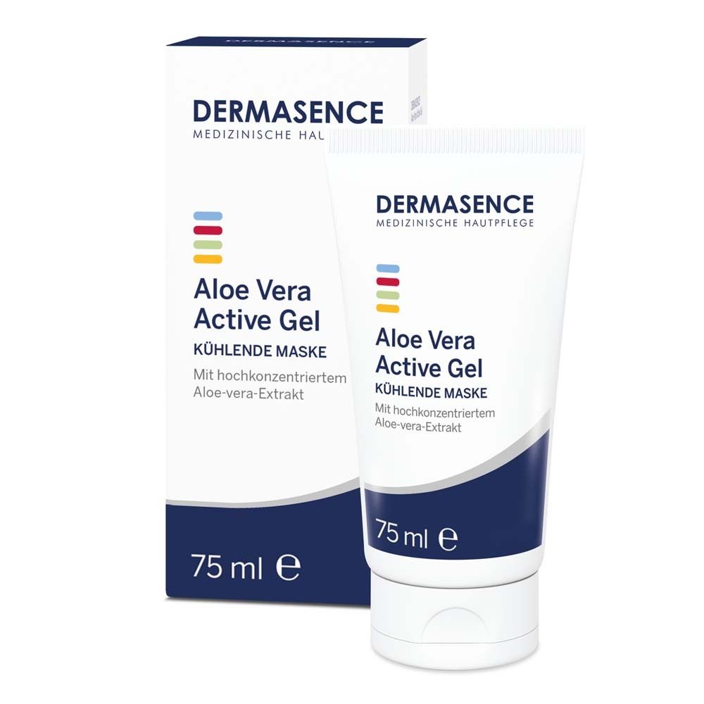 Tube et boîte blanches DERMASENCE Aloe Vera Active Gel. 75 ml. Soin médical de la peau.