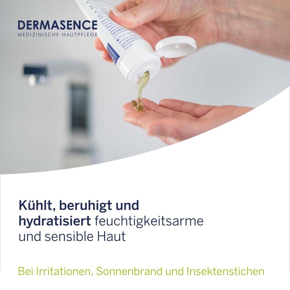 Mains tenant un tube, gel versé sur la paume. Texte : Rafraîchit, apaise et hydrate les peaux sèches et sensibles.