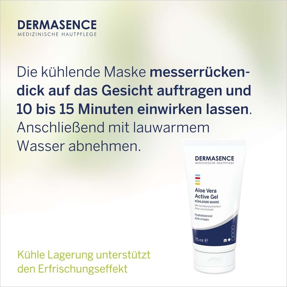 Tube DERMASENCE Aloe Vera Active Gel. Texte : Application : Appliquer le masque rafraîchissant en couche épaisse. Laisser agir 10-15 minutes.