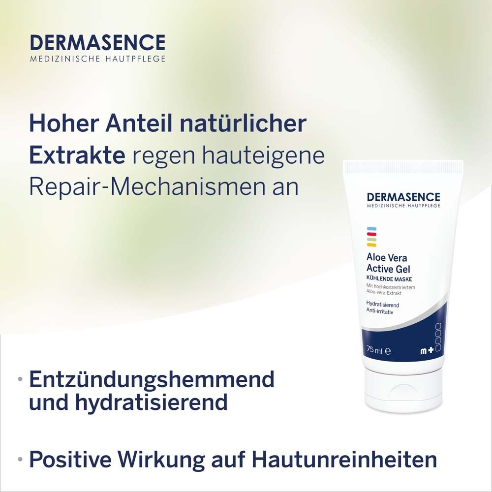 Tube DERMASENCE Aloe Vera Active Gel. Texte : Forte teneur en extraits naturels stimule les mécanismes de réparation de la peau. Anti-inflammatoire.