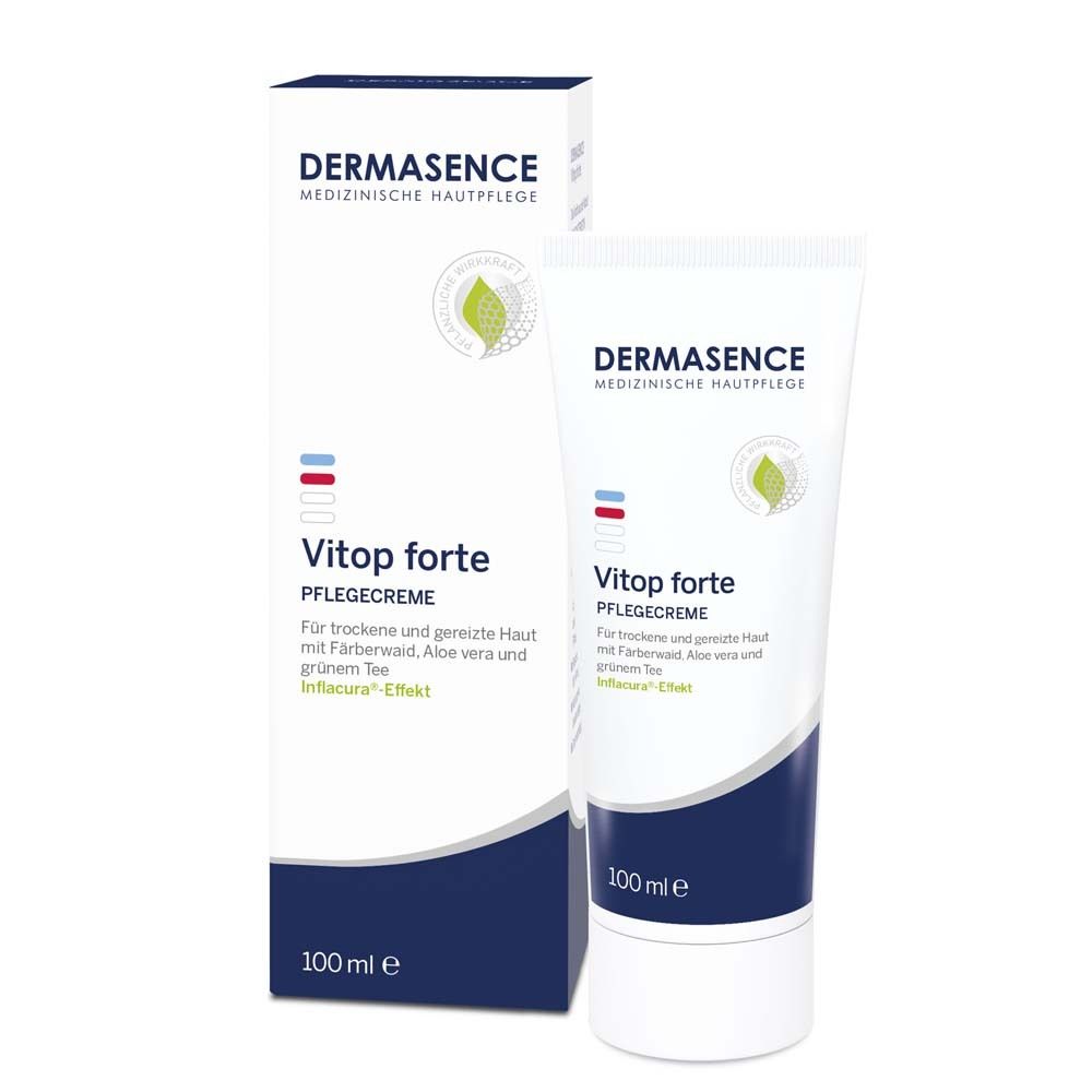 DERMASENCE Vitop forte crème de soin. Tube et emballage. 100 ml. Pour peaux sèches et irritées. Avec bois de couleur, aloe vera et thé vert.