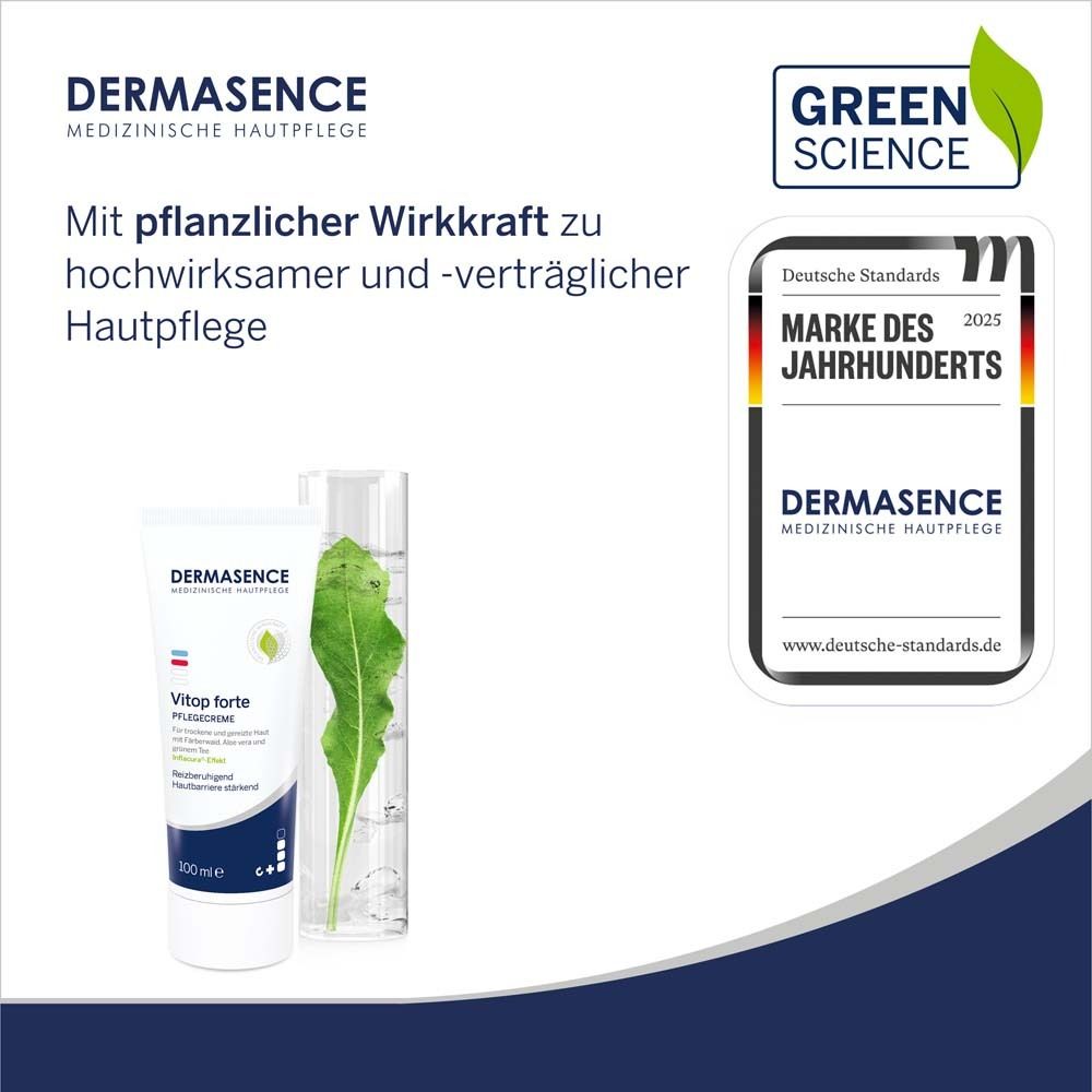 DERMASENCE Vitop forte et certification. Avec pouvoir actif végétal. Marque du siècle 2025. Green Science.