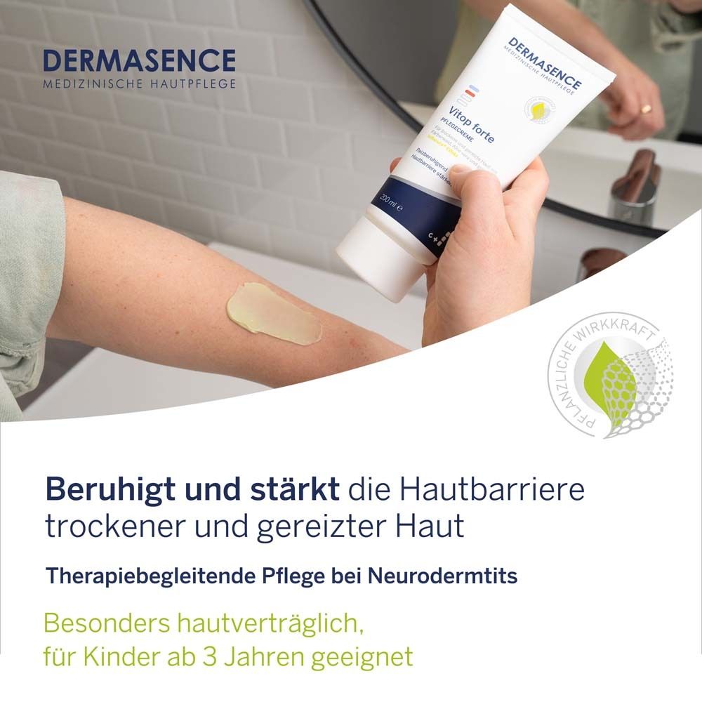 DERMASENCE Vitop forte. Produit et aloe vera. Prévient les symptômes inflammatoires. Crée un film protecteur respirant. Complexe Vitop unique.