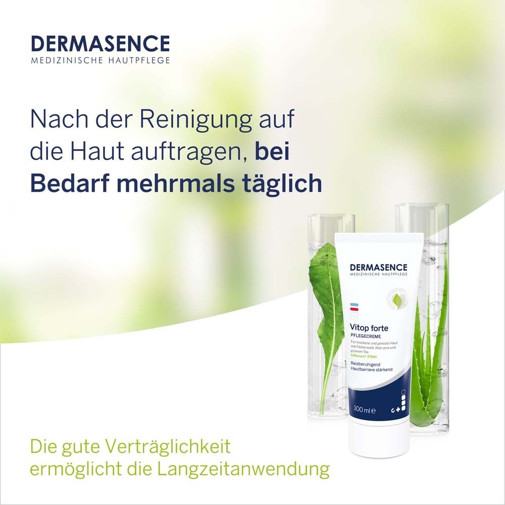 DERMASENCE Vitop forte. Application : Appliquer sur la peau après le nettoyage. Plusieurs fois par jour. Bonne tolérance pour une utilisation à long terme.