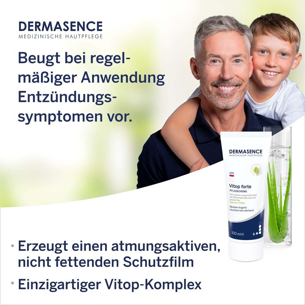 DERMASENCE Vitop forte. Crème sur le doigt. Apaise et renforce la barrière cutanée. Soin d'accompagnement thérapeutique dans la dermatite atopique. Dès 3 ans.