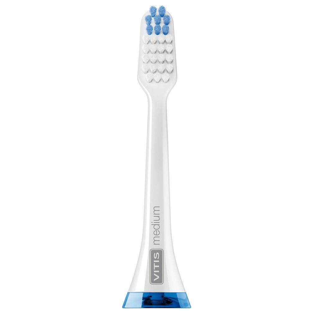 Tête de brosse VITIS blanche avec poils bleus. Inscription "VITIS medium".