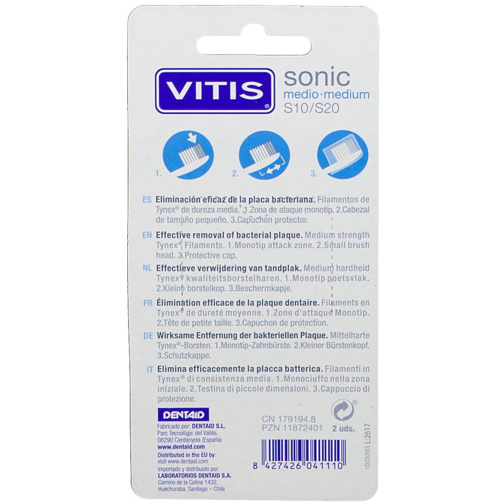 Emballage VITIS sonic medio-medium S10/S20. Texte multilingue, dont le français.