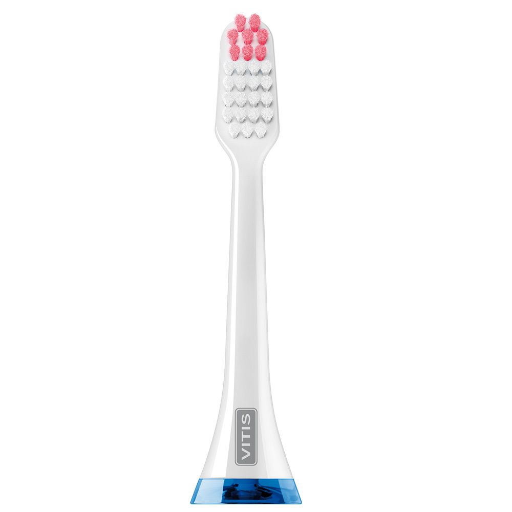 Tête de brosse blanche avec poils roses. Base bleue avec logo VITIS. Manche fin et allongé.