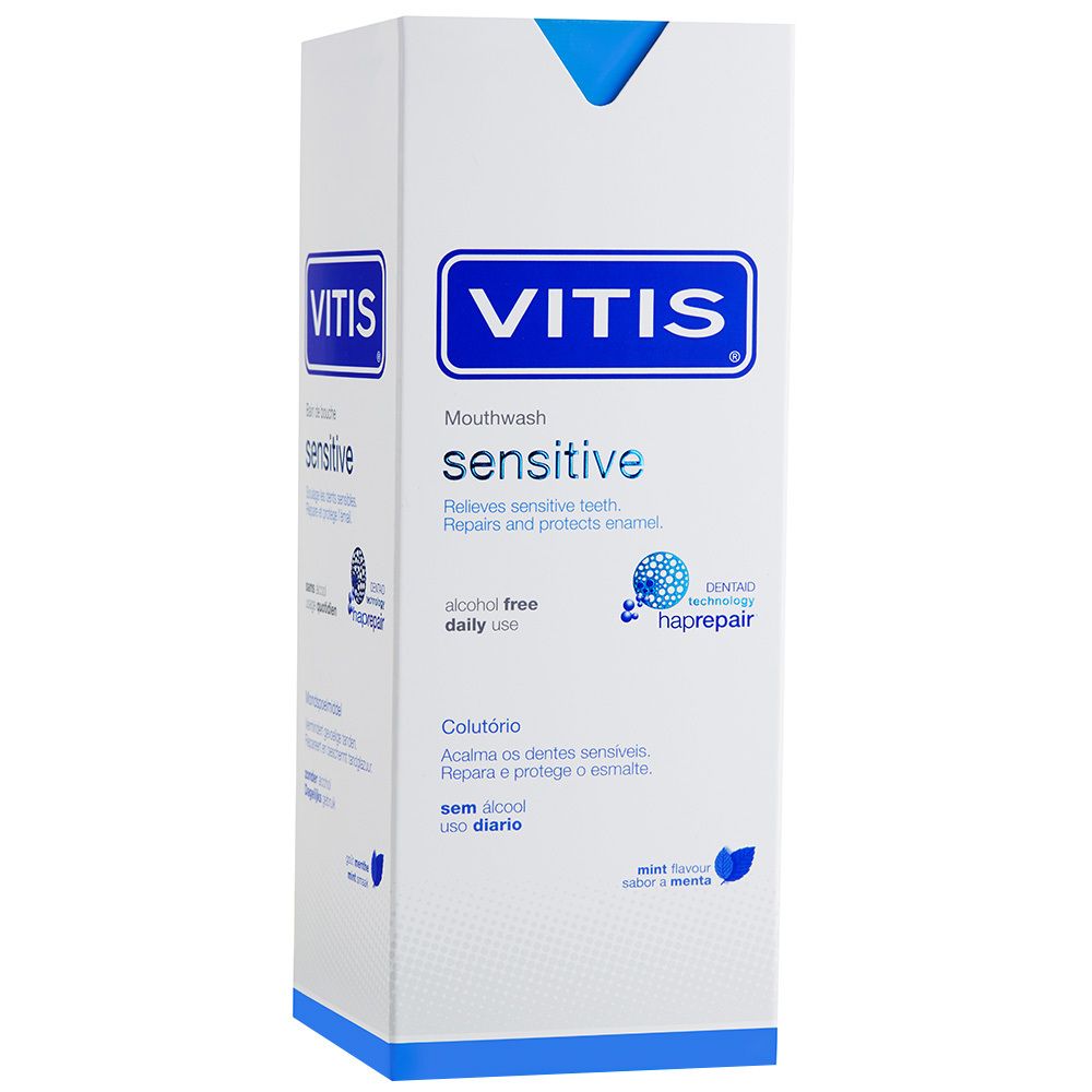 Emballage blanc avec couvercle bleu. Inscription: VITIS sensitive bain de bouche. Contient hydroxyapatite et fluorure.