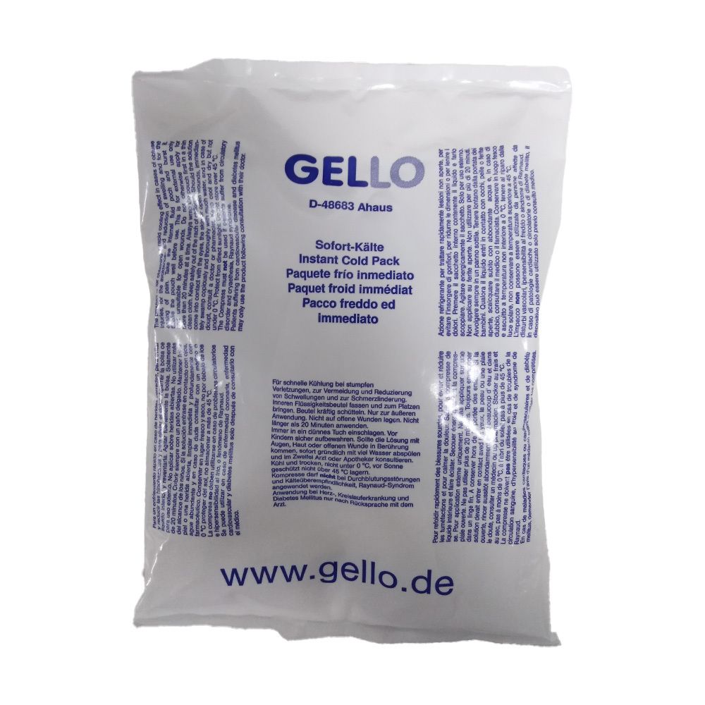Emballage Gello Instant Cold Pack avec instructions d'utilisation.