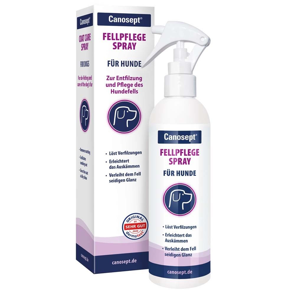Un flacon pulvérisateur et une boîte pliante avec "Canosept Spray de soin du pelage pour chiens". "Démêle les nœuds" est indiqué.