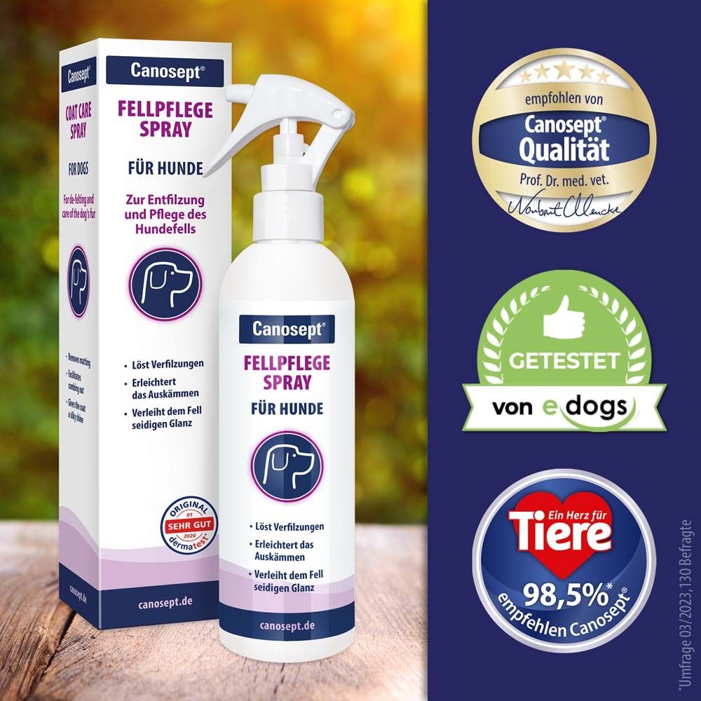 Spray de soin du pelage Canosept pour chiens dans une bouteille avec pulvérisateur, à côté de l'emballage.