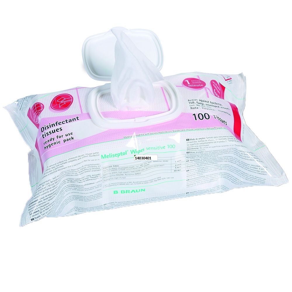 Lingettes désinfectantes dans un emballage. Nom du produit : Meliseptol Wipes sensitive 100. Fabricant : B. Braun. Lingettes blanches.