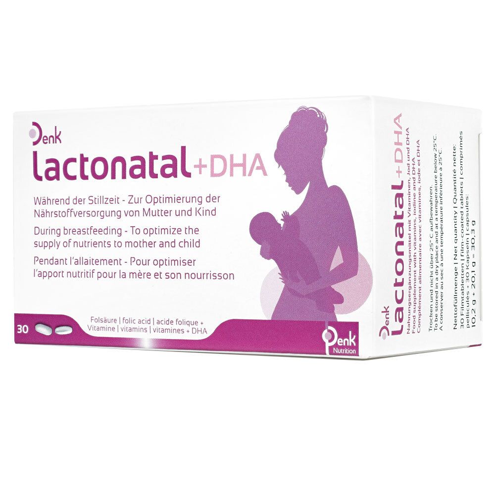 Boîte de Lactonatal+DHA. Contient 30 comprimés. Illustration d'une mère allaitant son enfant.