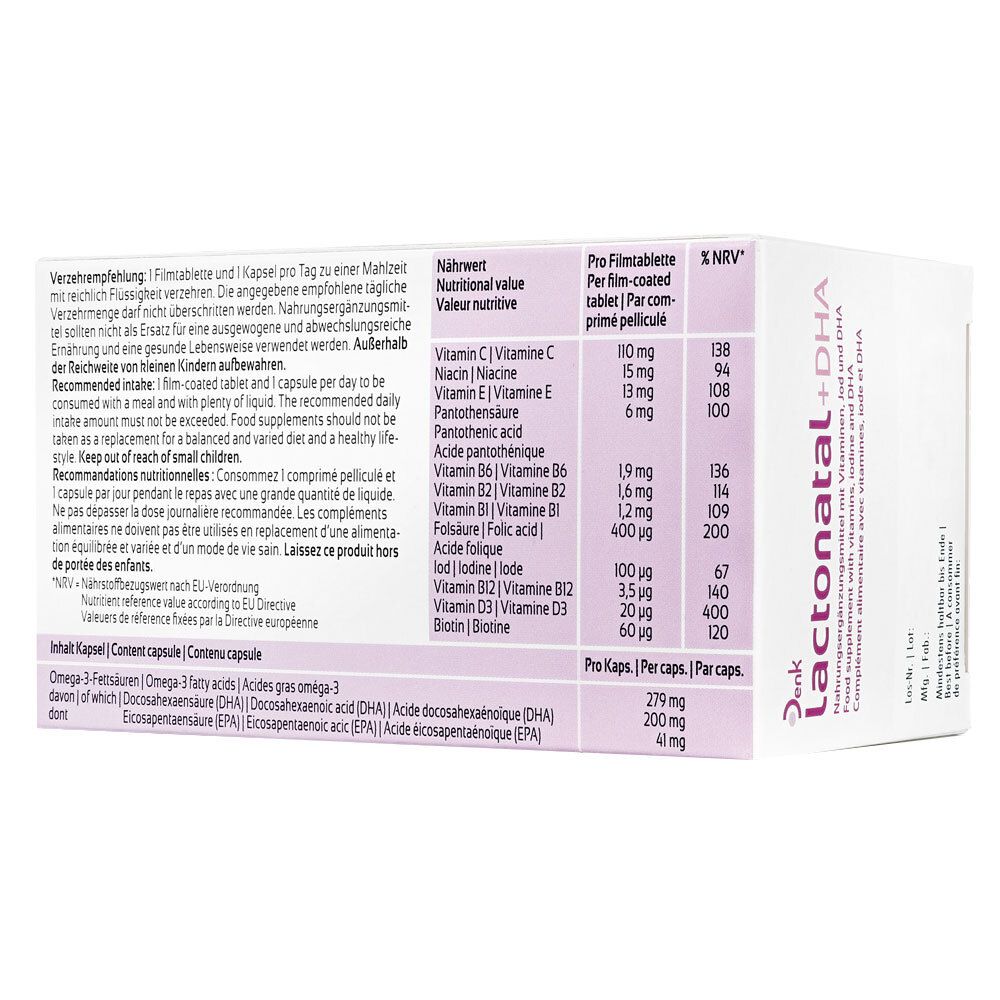Dos de l'emballage Lactonatal+DHA. Contient des informations nutritionnelles et des ingrédients.