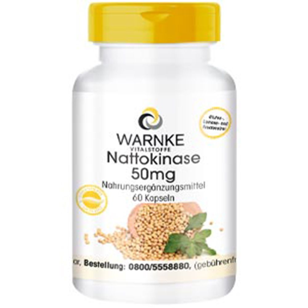 Flacon blanc à bouchon jaune. Inscription: WARNKE Nattokinase 50mg. Complément alimentaire. 60 gélules. Illustration de graines de soja.