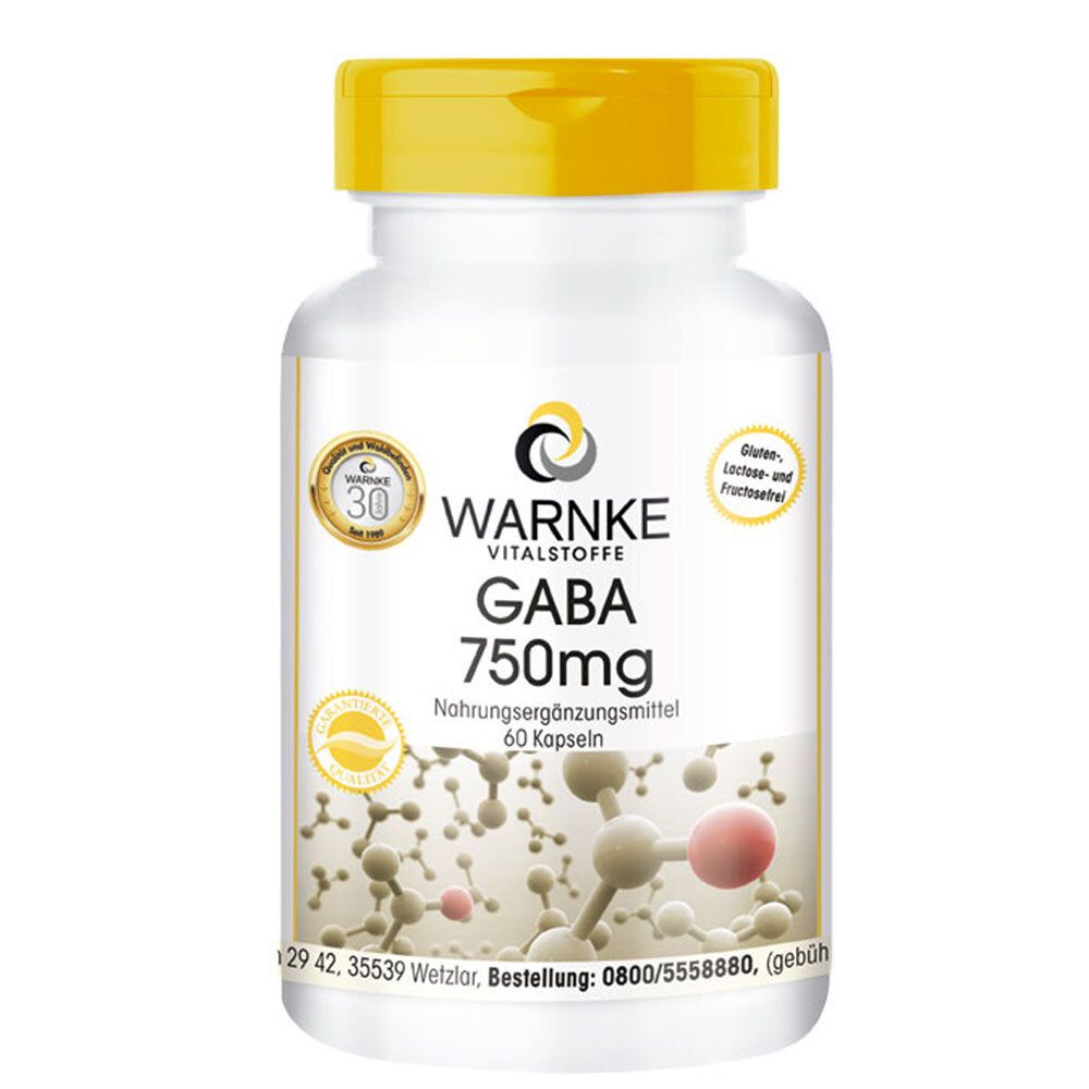 Flacon blanc à bouchon jaune. Inscription: GABA 750mg, 60 capsules. Marque: Warnke Vitalstoffe. Avec certifications.