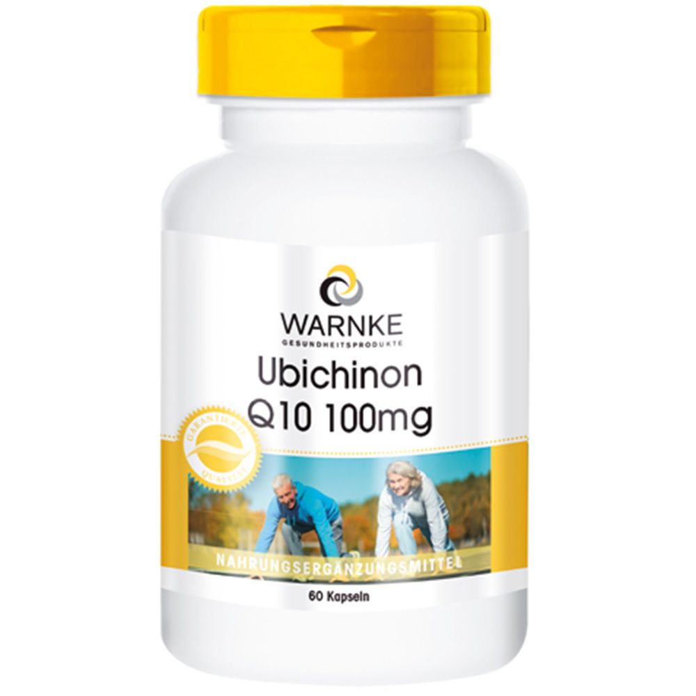 Flacon blanc à bouchon jaune. Inscription: WARNKE Ubichinon Q10 100mg. Illustration: couple de personnes âgées faisant du sport.
