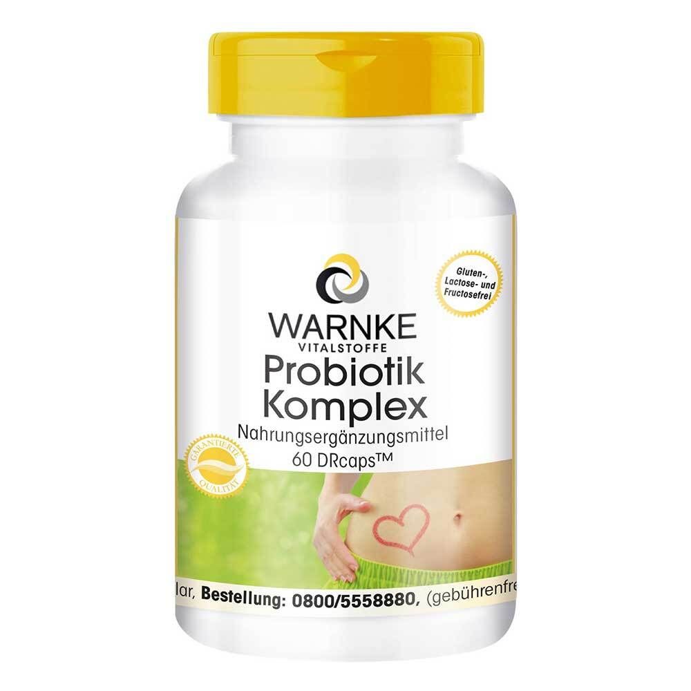 Warnke Vitalstoffe Probiotik Komplex. Flacon blanc à bouchon jaune. Inscription : Probiotik Komplex, 60 DRcaps. Ventre avec cœur.