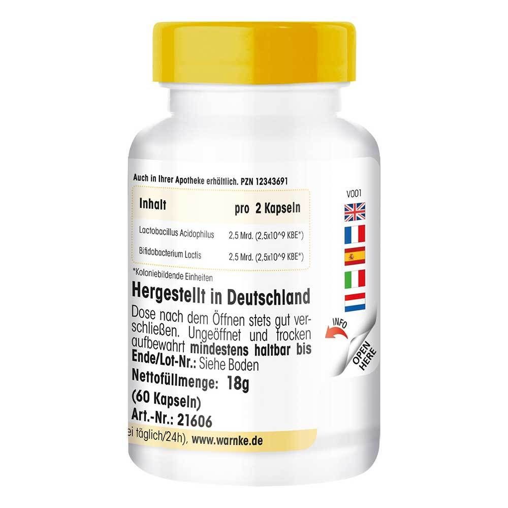 Dos du flacon Warnke Vitalstoffe Probiotik Komplex. Contient des informations sur les ingrédients et la fabrication en Allemagne.