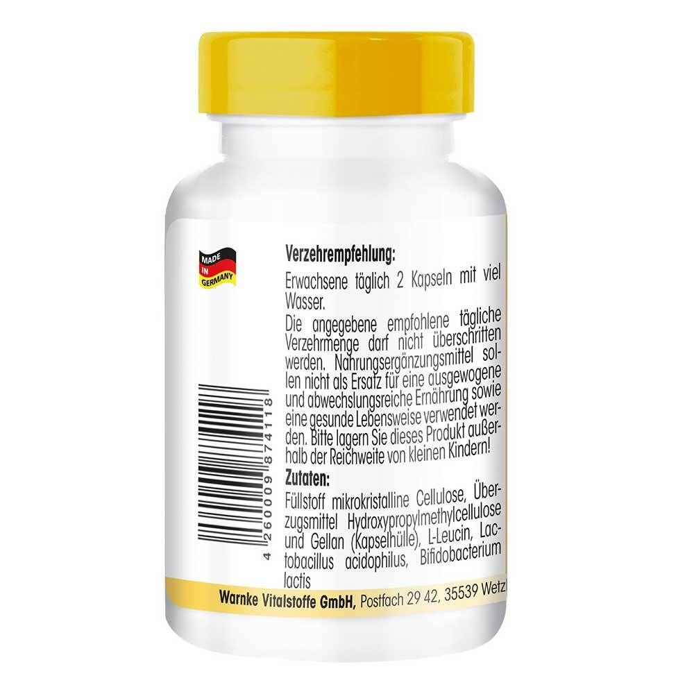 Dos du flacon Warnke Vitalstoffe Probiotik Komplex. Informations sur la posologie et les ingrédients. Fabriqué en Allemagne.