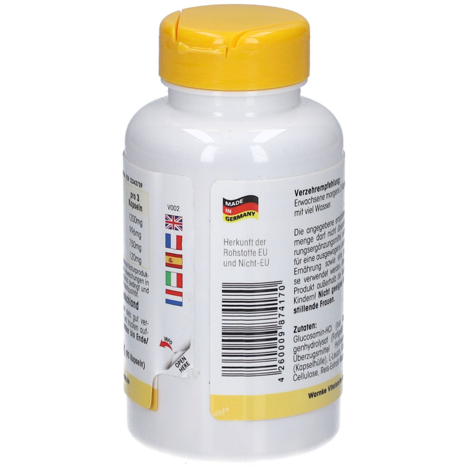 Dos du flacon blanc, bouchon jaune. Texte, code-barres et drapeaux. Origine : Allemagne. Warnke Glucosamin Plus.