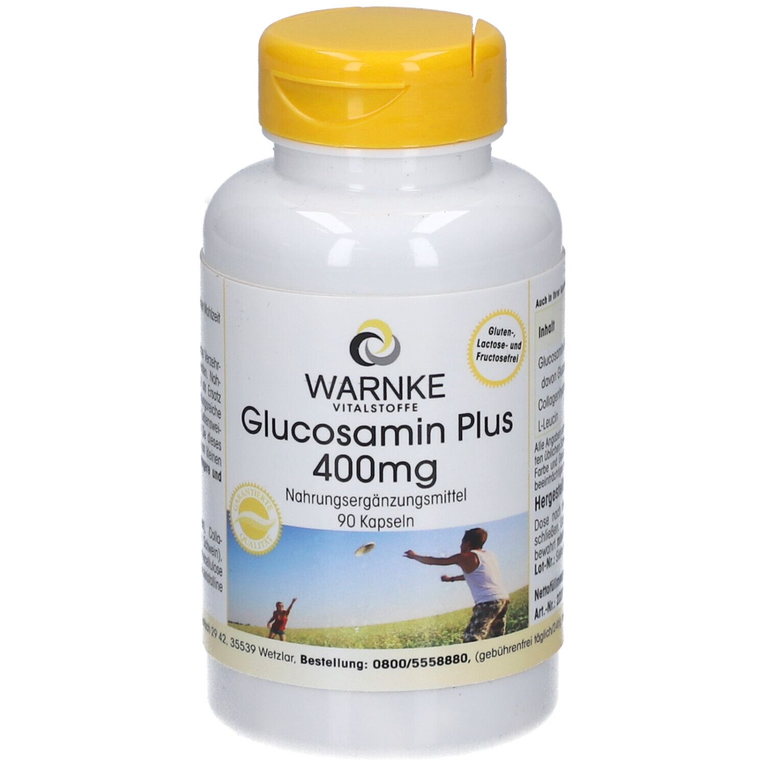 Flacon blanc, bouchon jaune. Inscription: Warnke Glucosamin Plus 400mg, 90 capsules. Illustration d'une personne.