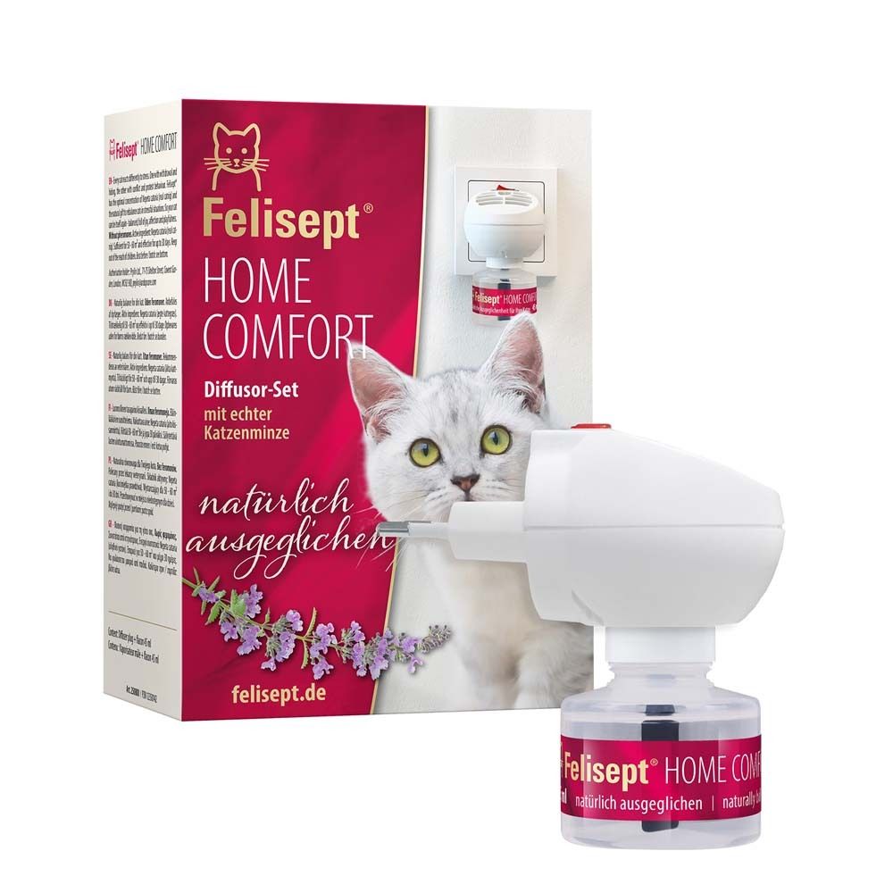 Ensemble diffuseur avec flacon. Diffuseur blanc et flacon avec texte rouge. Emballage avec chat et texte.