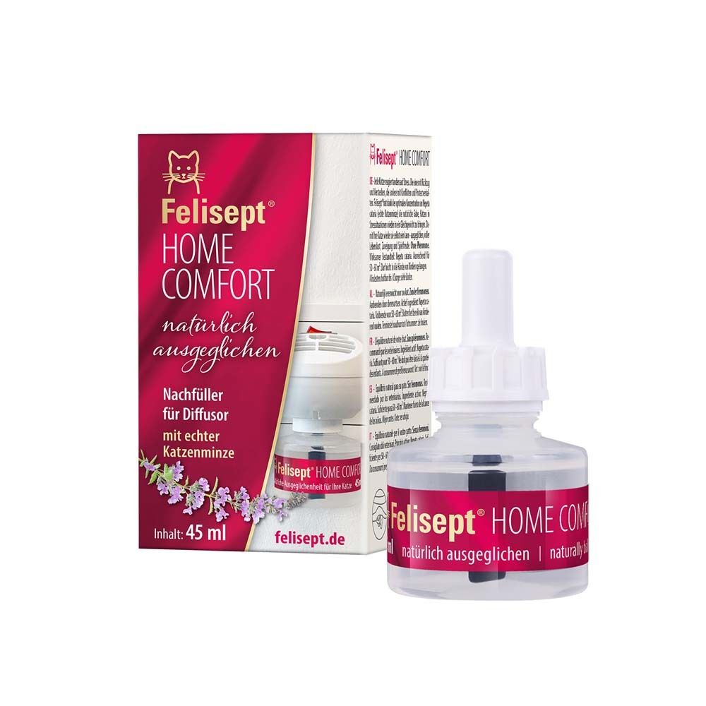 Recharge pour diffuseur à la menthe pour chats. Flacon et emballage avec nom et logo du produit. Contenu : 45 ml.