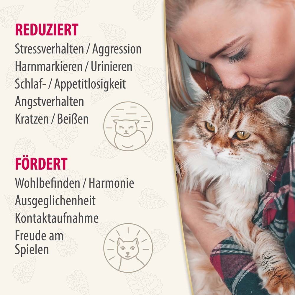 Femme embrassant un chat. Texte : Réduit le comportement de stress, favorise le bien-être. Logos de chats.