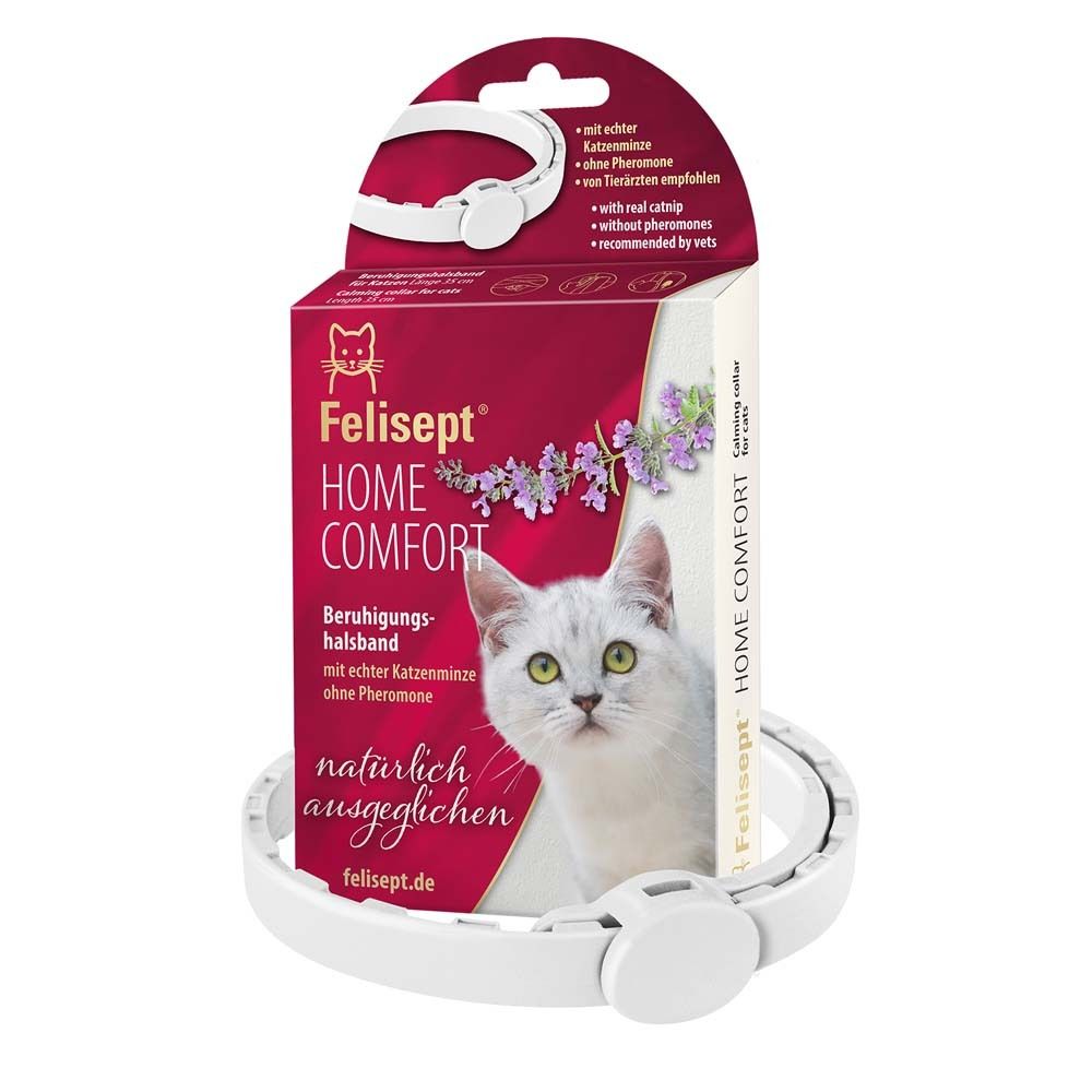 Collier blanc avec emballage. Sur l'emballage : nom du produit, chat, lavande. Texte : "avec vraie herbe à chat", "sans phéromones".