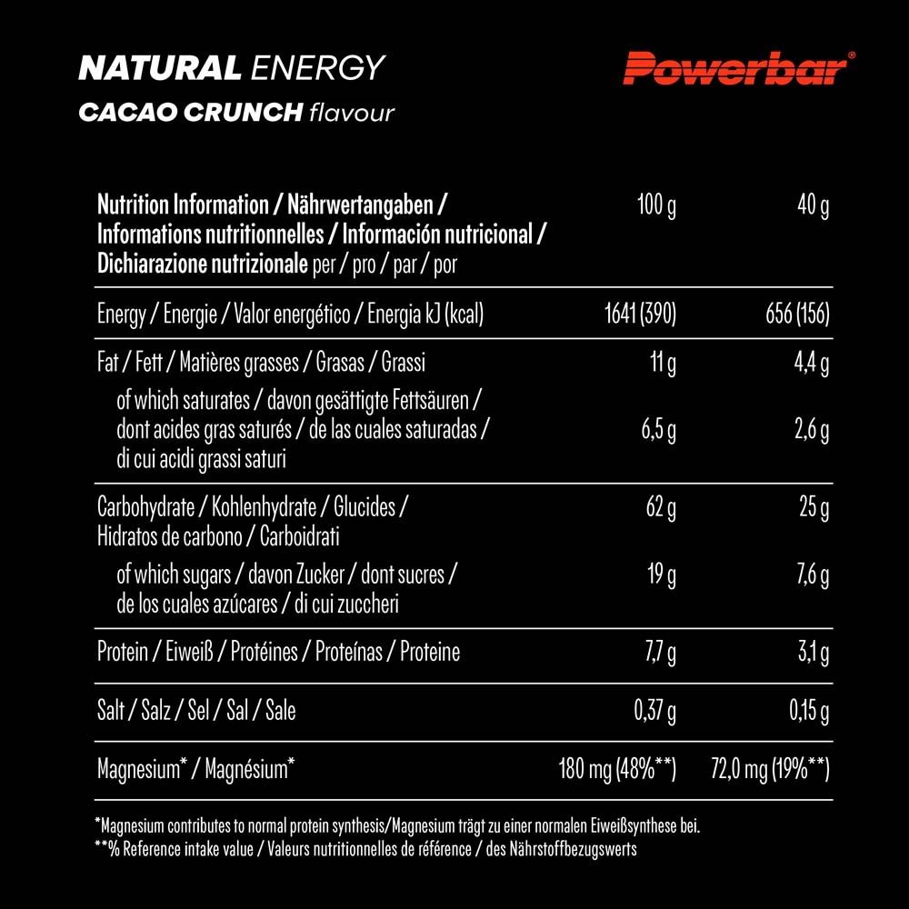 Tableau nutritionnel pour Powerbar Natural Energy Cacao Crunch. Informations pour 100g et 40g. Contient énergie, lipides, glucides, protéines.