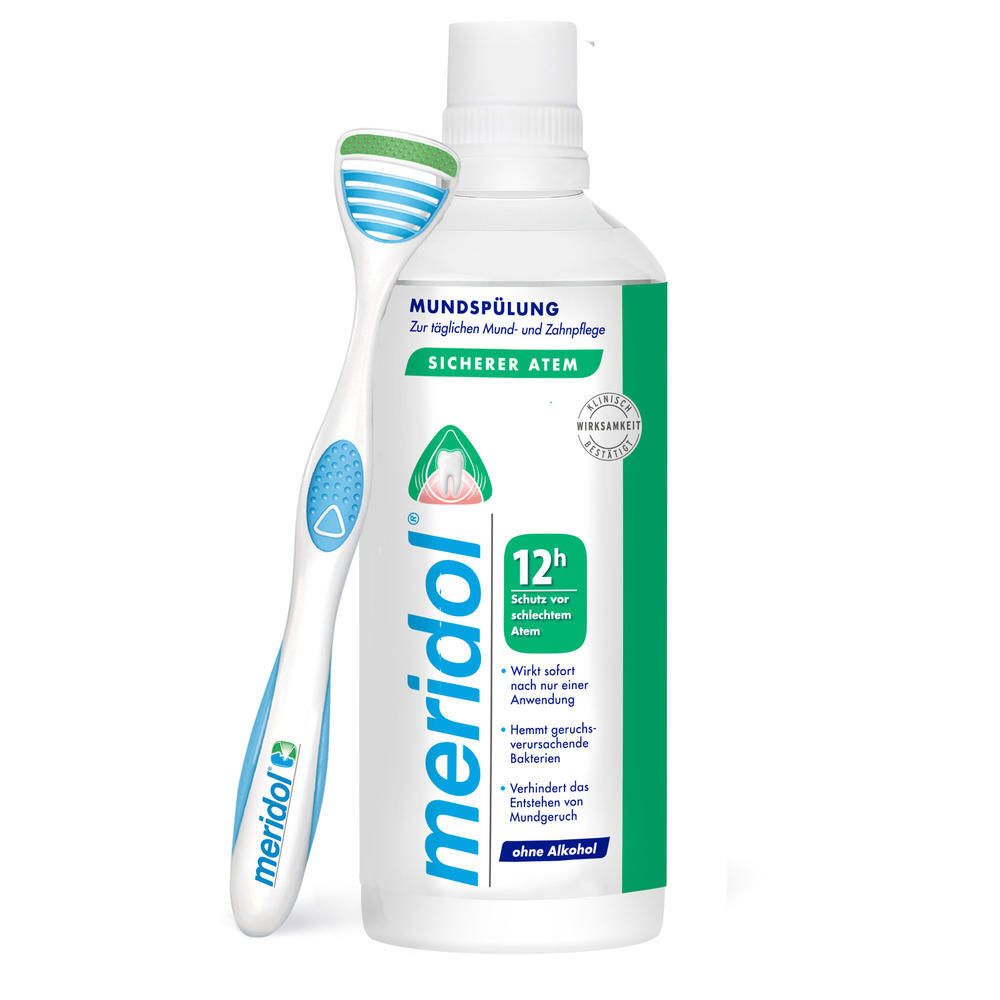 Nettoyeur de langue à côté d'une bouteille de bain de bouche. Bouteille avec étiquette verte, texte. Marque meridol.