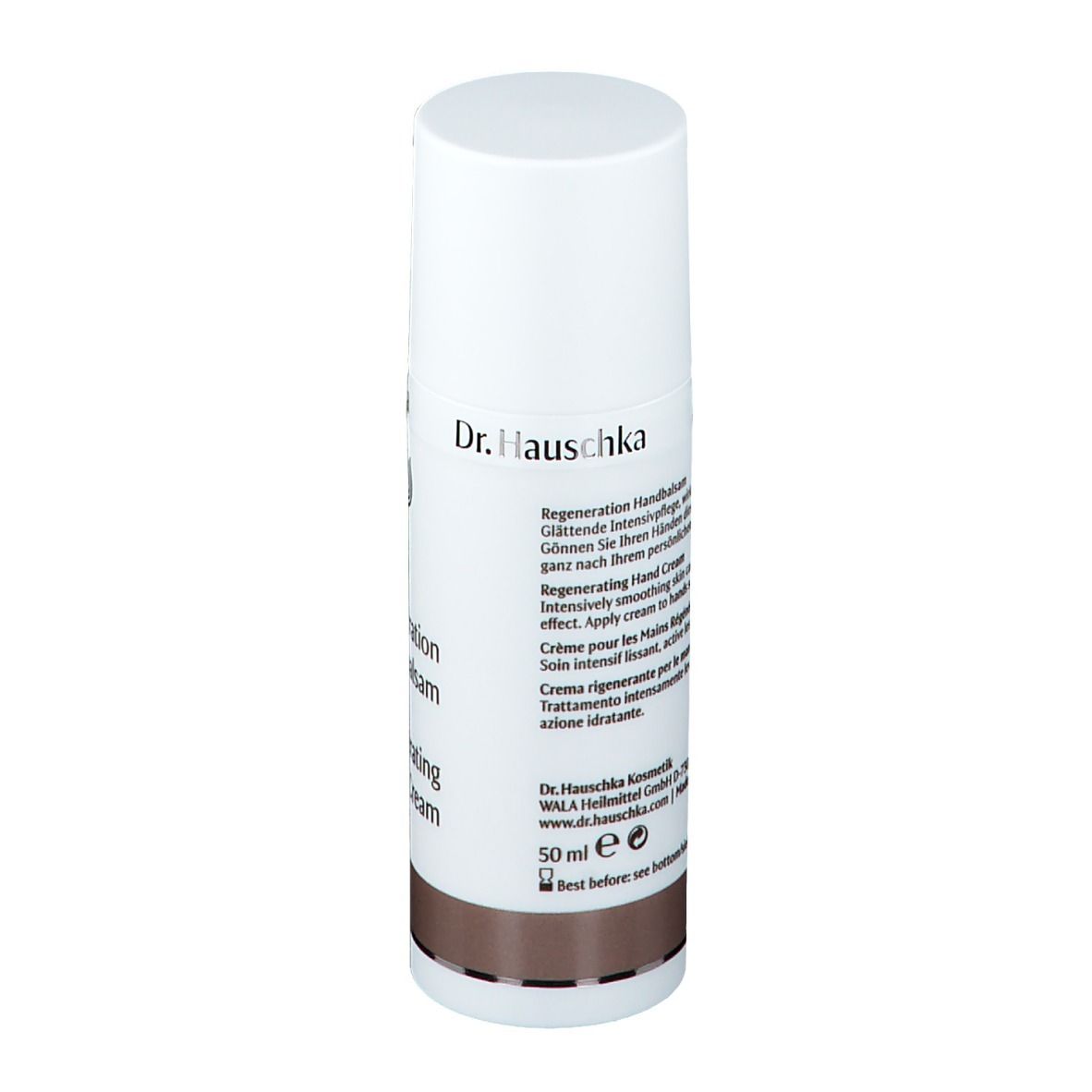 Tube blanc avec bouchon. Inscription et texte. Bande marron. Dos avec texte en plusieurs langues.