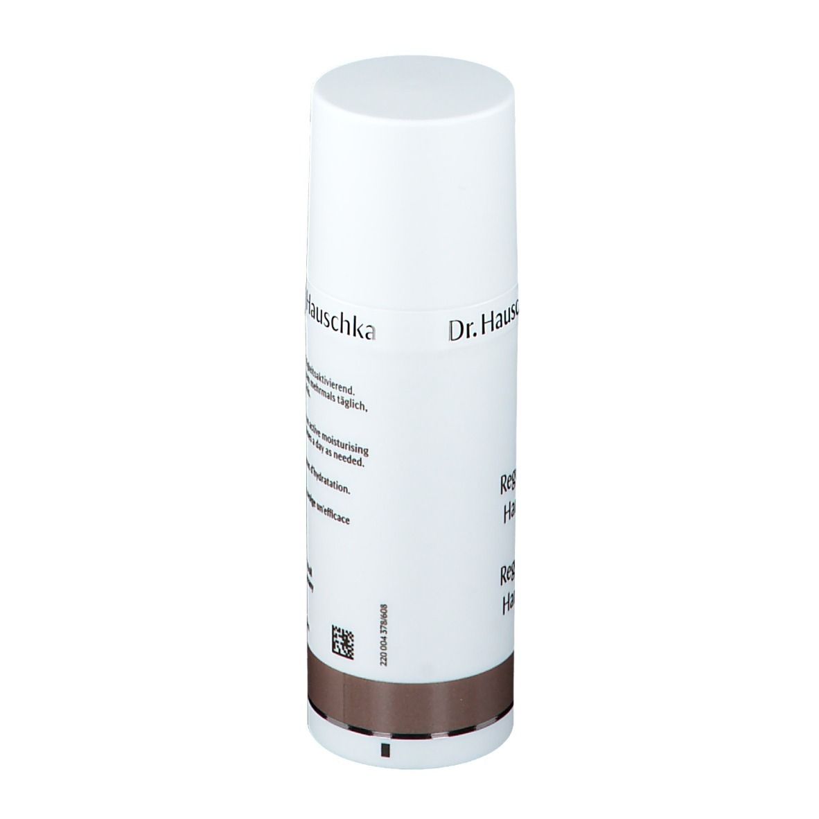Tube blanc avec bouchon. Inscription et texte. Bande marron. Dos avec texte en plusieurs langues.