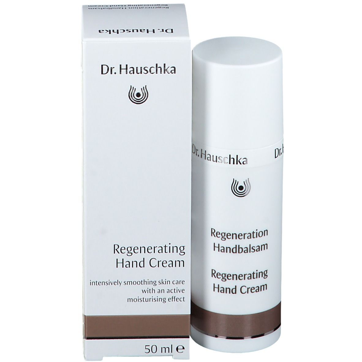 Produit et emballage. Tube et boîte blancs. Inscription: Dr. Hauschka, Regenerating Hand Cream. 50 ml.
