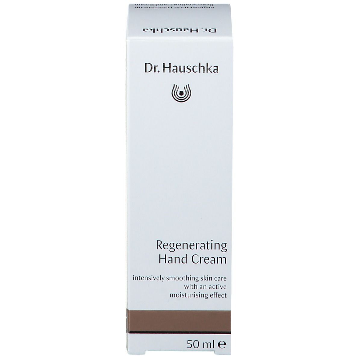 Boîte blanche. Inscription: Dr. Hauschka, Regenerating Hand Cream. 50 ml. Bande marron.