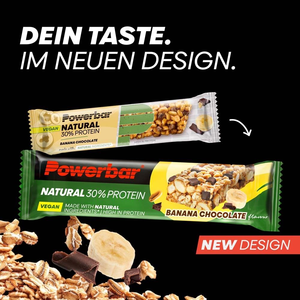 Deux barres Powerbar Natural Protein, nouveau design. Saveur Banane-Chocolat.