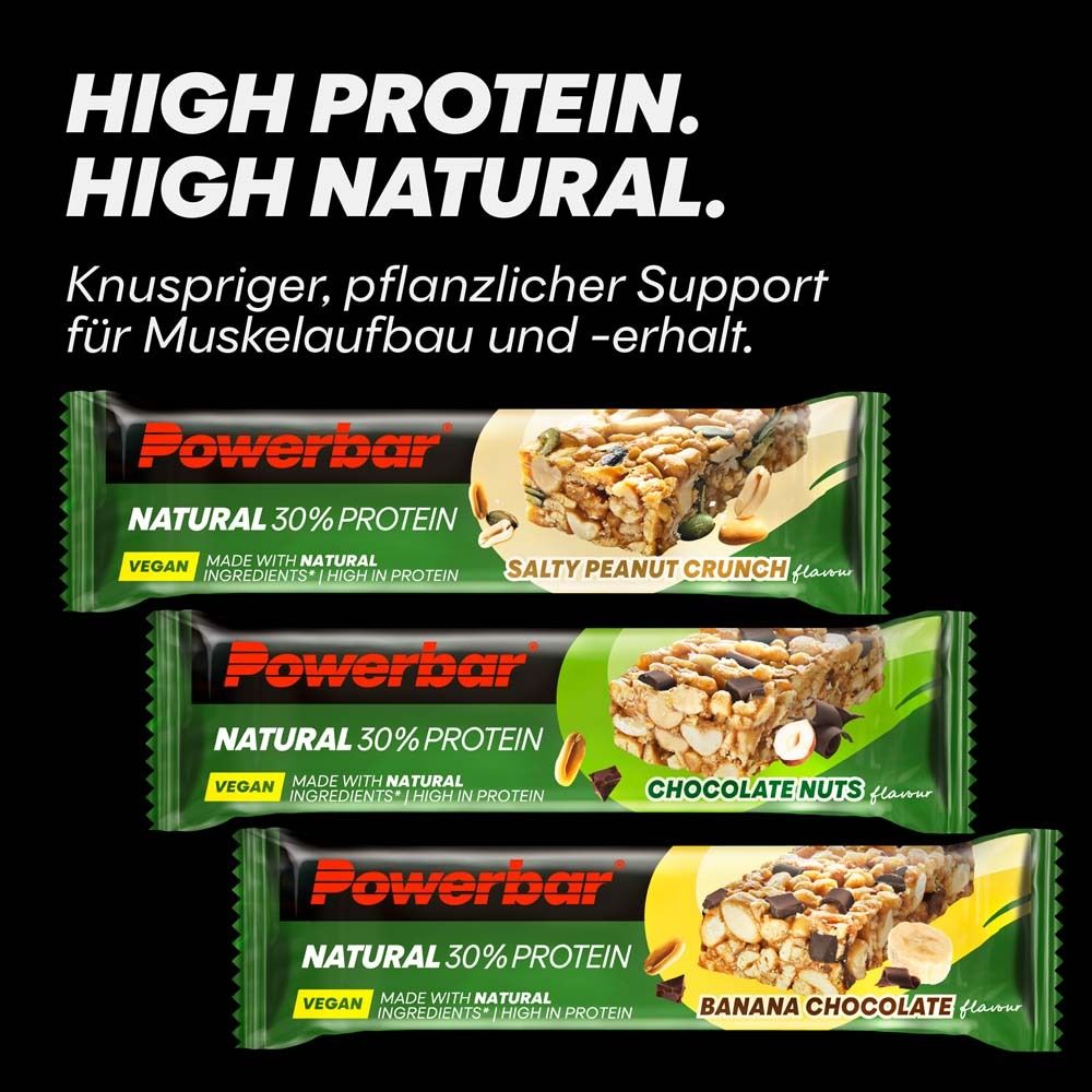 Trois barres Powerbar Natural Protein : Banane-Chocolat, Noix-Chocolat, Praliné-Croustillant.