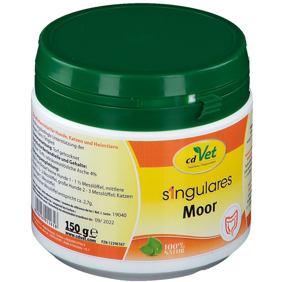 cdVet singulares Moor poudre pour animaux en pot blanc avec couvercle vert, 150g.