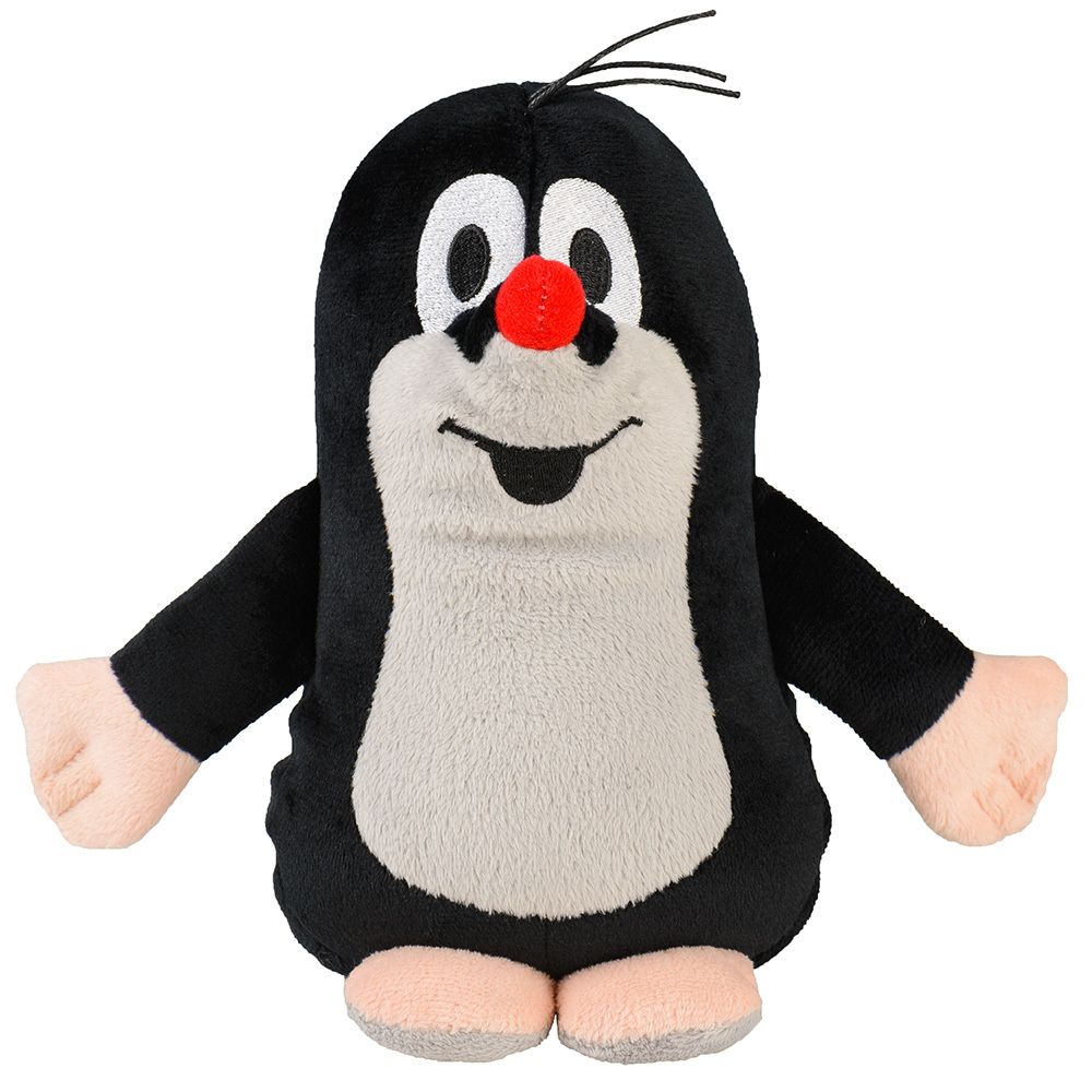 Peluche taupe noire avec ventre blanc, yeux et nez rouges. Bras et pieds beiges. Cheveux noirs sur la tête.