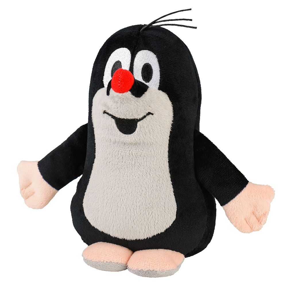 Peluche taupe noire avec ventre blanc, yeux et nez rouges. Bras et pieds beiges. Cheveux noirs sur la tête.