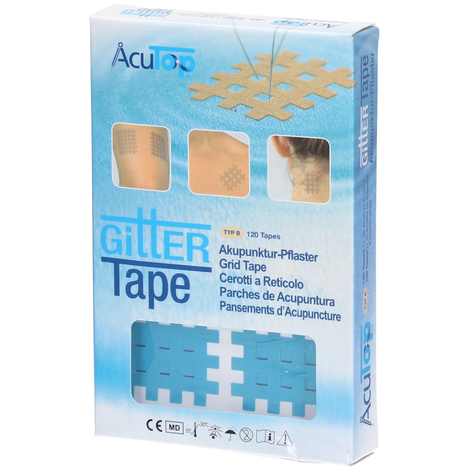 Boîte de Gittertape AcuTop. Patchs carrés bleus et beiges, 120 pièces. Inscription : Akupunktur-Pflaster, Grid Tape.