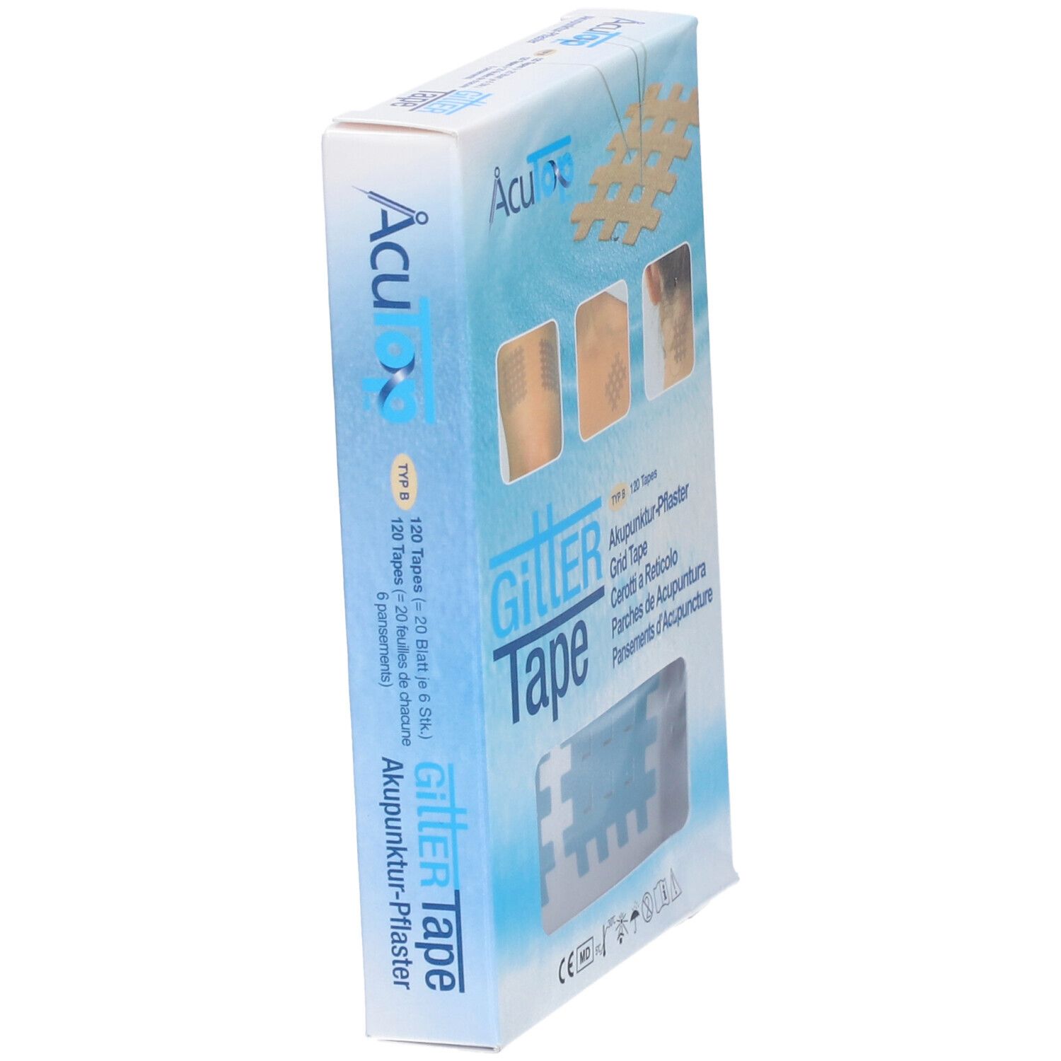 Boîte de Gittertape AcuTop. Patchs carrés bleus et beiges. Inscription : Akupunktur-Pflaster, Grid Tape, 120 Tapes.