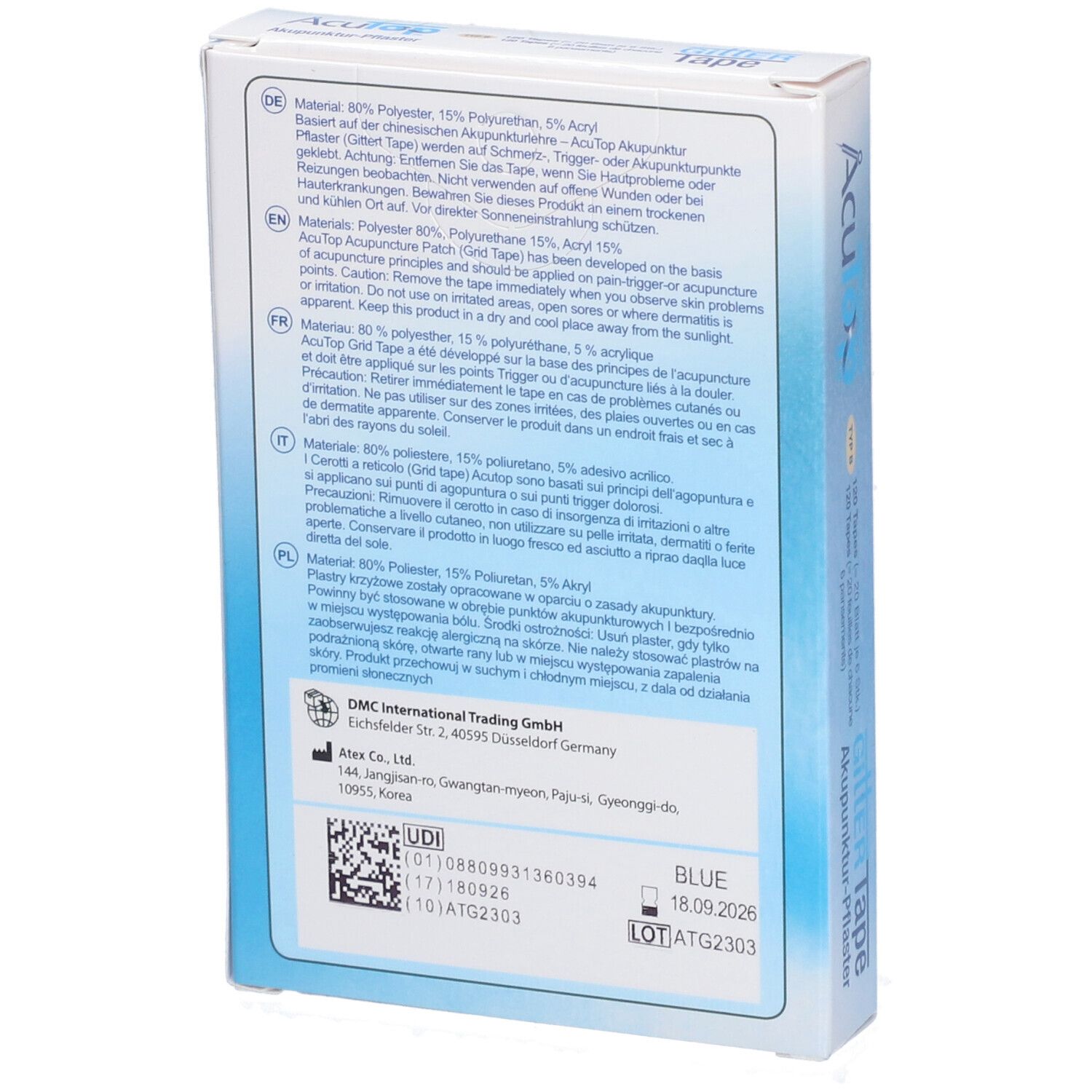 Dos de la boîte de Gittertape AcuTop. Texte en allemand, anglais, français, italien et polonais. Informations sur le matériau et l'utilisation.